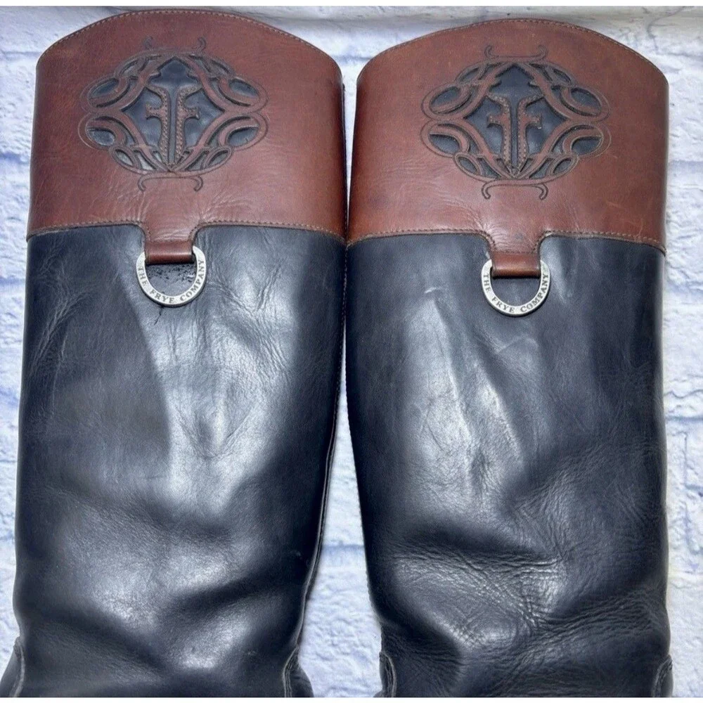 Frye Melissa Logo Black & Brown Leather Knee High Boots 76436 Women's 8